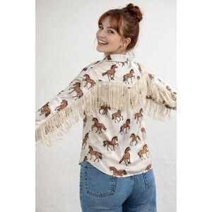Horse Print Western Fringe Shirt Womens 26/28W Cream Pearl Snap Button Up Cato